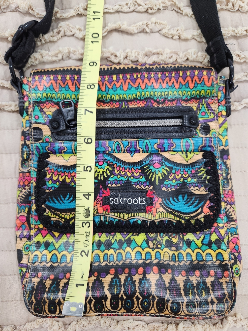 Sakroots Vibrant Multi-Pattern Crossbody — Teal, Yellow, Pink, Blue